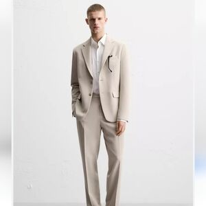 Zara Mens Texture Cream Slim Button Suit Coat Size 40R